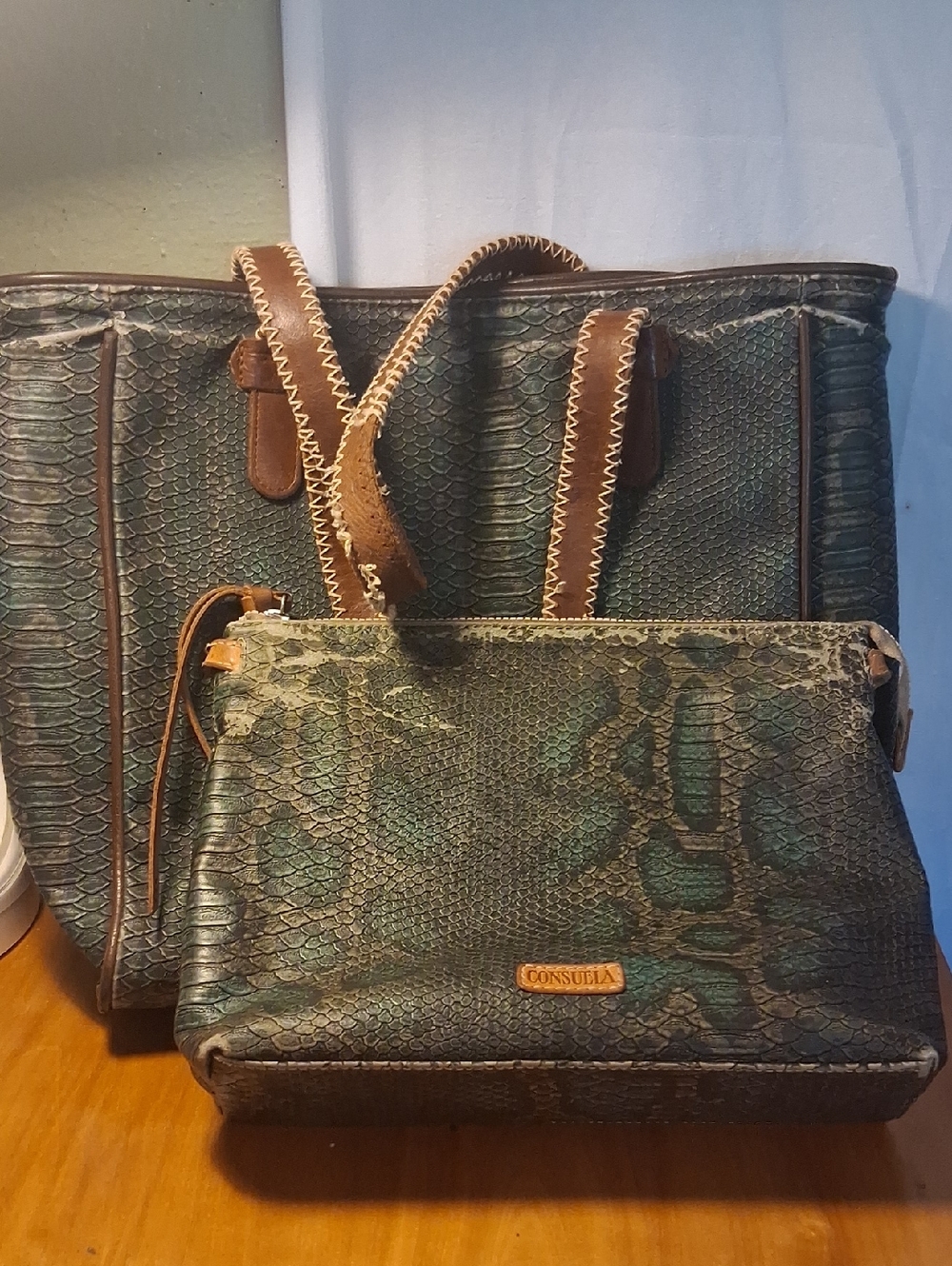 Consuela Green Teal Snake-Print Women’s Tote & Crossbody Set